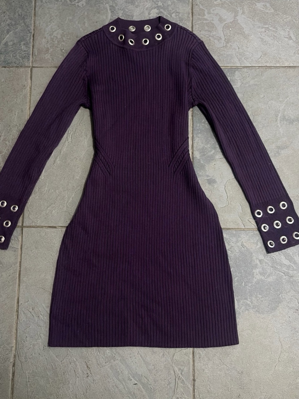 INC International Concepts Ribbed Long-Sleeve Eyelet-Trim Dress in Plum